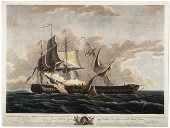 Yhdysvaltain fregattiperustuslaki fregatti Guerrieren mukaan, 1813 (käsinvärinen kaiverrus)